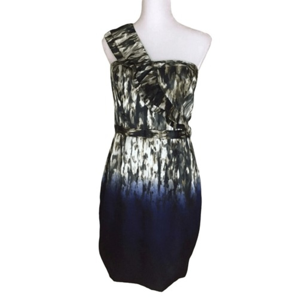 Marc New York Tan Black & Blue Ombre One Shoulder Satin Cocktail Dress Size 8